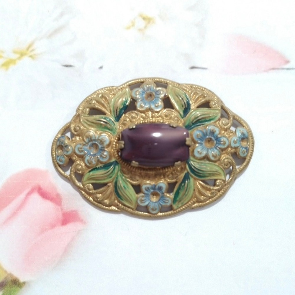 Vtg Flower Brooch Pin Yellow Gold Filled Purple Enamel Art Nouveau Women Jewelry
